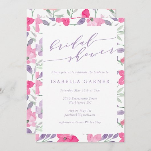 水エレガント色ソフトパステルピンクブライダルシャワー 招待状 (正面/裏面)