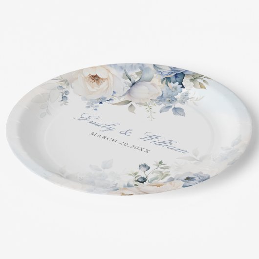 水エレガント色ダスティブルーフローラ結婚ズ ペーパープレート (アングル)