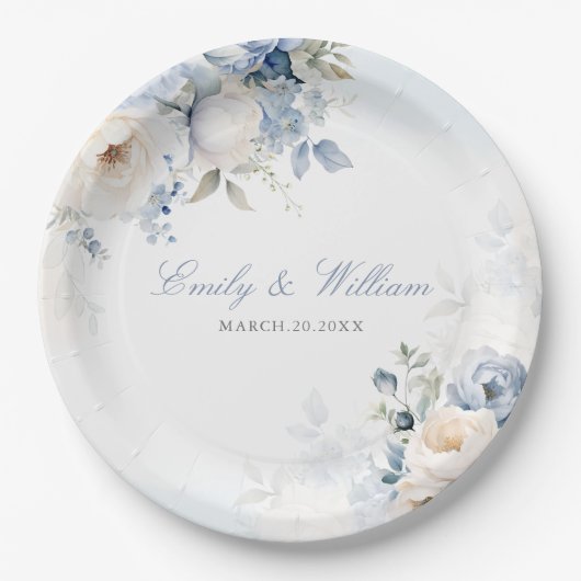 水エレガント色ダスティブルーフローラ結婚ズ ペーパープレート (正面)