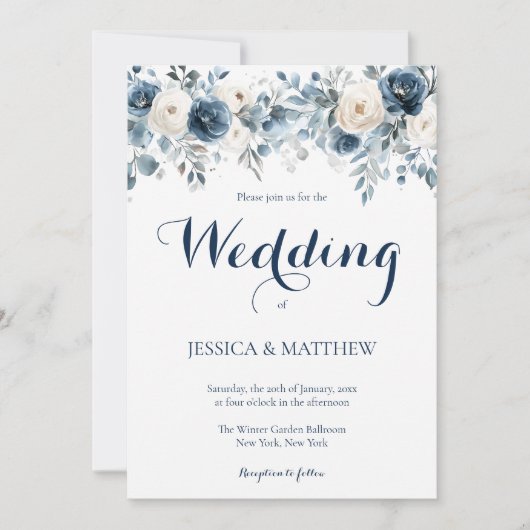 水エレガント色ダスティブルーホワイトフローラ結婚ズ 招待状 (正面)