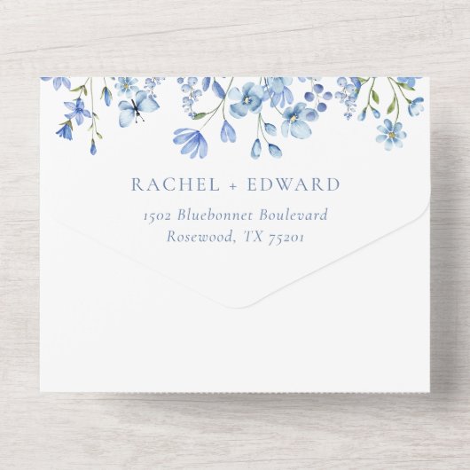 水エレガント色ダスティブルーワイルドフラワー結婚ズ オールインワン招待状 (裏面)