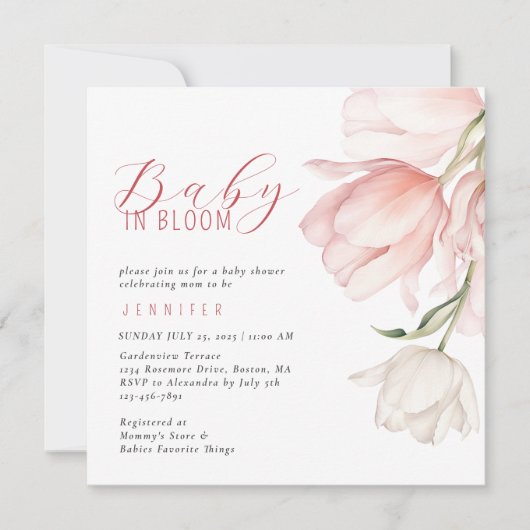 水エレガント色チューリップベビーシャワー 招待状 (正面)