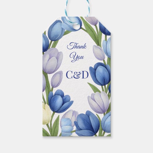 水エレガント色チューリップリース結婚ズブルーアイボリー ギフトタグ (正面)