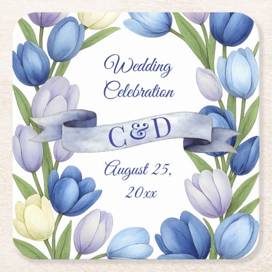 水エレガント色チューリップリース結婚ズブルーアイボリー スクエアペーパーコースター (正面)