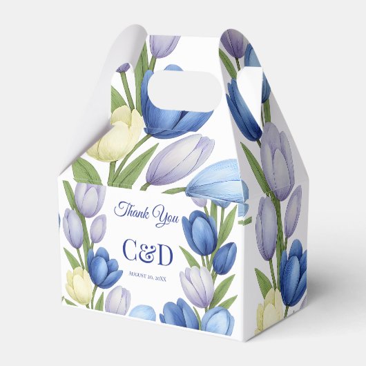 水エレガント色チューリップリース結婚ズブルーアイボリー フェイバーボックス (正面サイド)