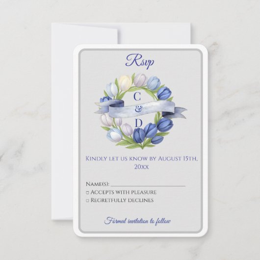水エレガント色チューリップリース結婚ズブルーアイボリー 出欠カード (正面)
