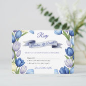 水エレガント色チューリップリース結婚ズブルーアイボリー 出欠カード (スタンド正面)