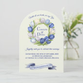 水エレガント色チューリップリース結婚ズブルーアイボリー 招待状 (スタンド正面)