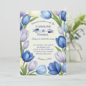 水エレガント色チューリップリース結婚ズブルーアイボリー 招待状 (スタンド正面)