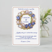 水エレガント色チューリップリース結婚ズブルーアイボリー 箔招待状 (立ち正面)