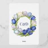 水エレガント色チューリップリース結婚ズブルーアイボリー 箔招待状 (裏面)