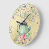 水エレガント色ティーポットと花の金ゴールド ラージ壁時計 (傾斜)