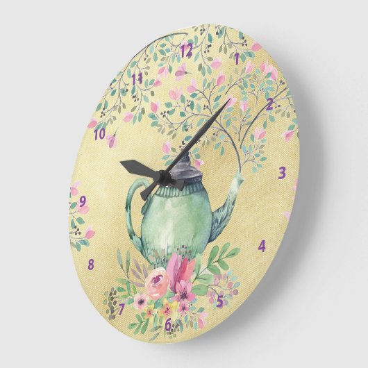 水エレガント色ティーポットと花の金ゴールド ラージ壁時計 (傾斜)