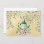 水エレガント色ティーポットと花金ゴールド ポストカード (正面/裏面)