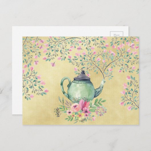 水エレガント色ティーポットと花金ゴールド ポストカード (正面/裏面)