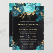 水エレガント色ティール(緑がかった色)と金ゴールド結婚花 招待状 (正面/裏面)