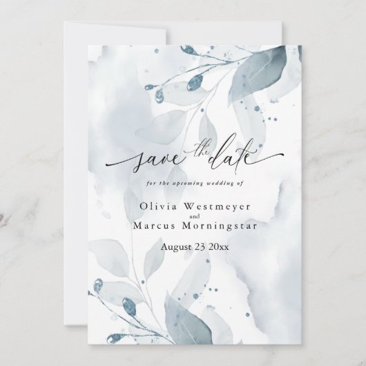 水エレガント色ティール(緑がかった色)の葉の日付を保存 招待状 (正面)