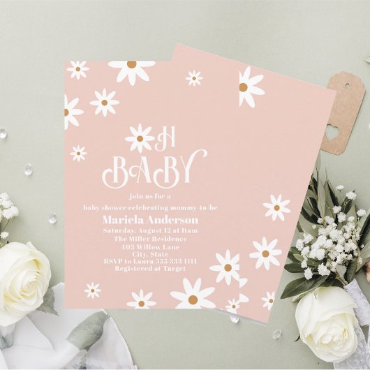 水エレガント色デイジーベビーイン開花ベビーショウェ 招待状