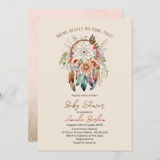 水エレガント色ドリームキャッチャーと花 招待状 (正面/裏面)