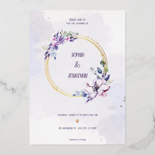 水エレガント色ニュートラルフローラ結婚の金ゴールド 箔招待状 (正面)