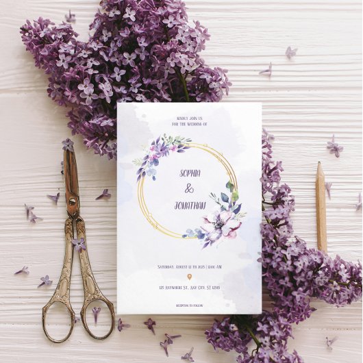 水エレガント色ニュートラルフローラ結婚の金ゴールド 箔招待状