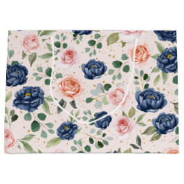 水エレガント色ネイビーコーラルフローラ ラージペーパーバッグ