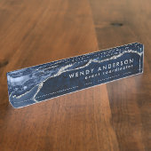 水エレガント色ネイビーブルーシルバーグリッターゲート デスクネームプレート (側面)