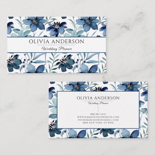 水エレガント色ネイビー青フローラパタモダンーン 名刺 (正面/裏面)