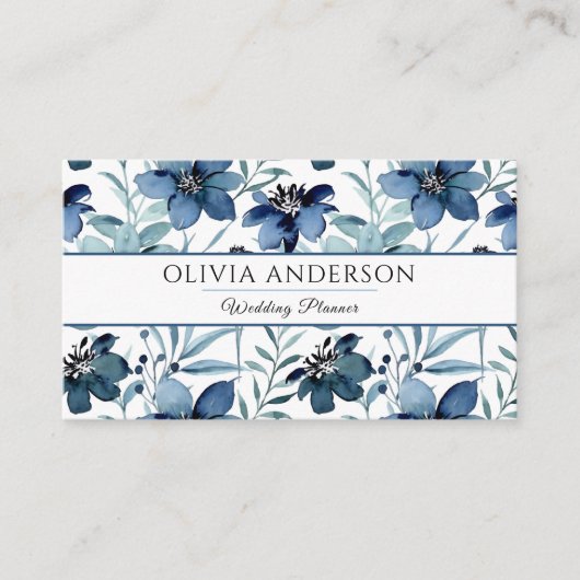 水エレガント色ネイビー青フローラパタモダンーン 名刺 (正面)