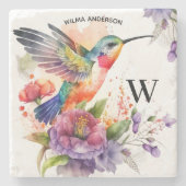 水エレガント色ハミングバードモノグラム ストーンコースター (正面)