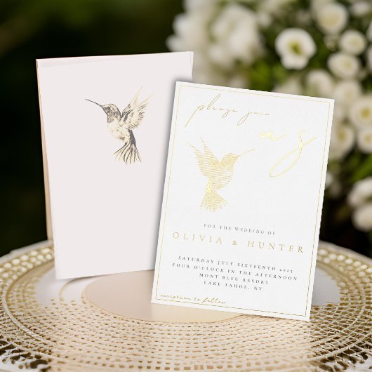 水エレガント色ハミングバ結婚ードズ金ゴールド 箔招待状