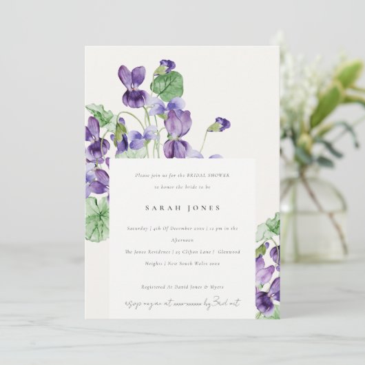 水エレガント色バイオレットフローラブライダルシャワー 招待状 (スタンド正面)