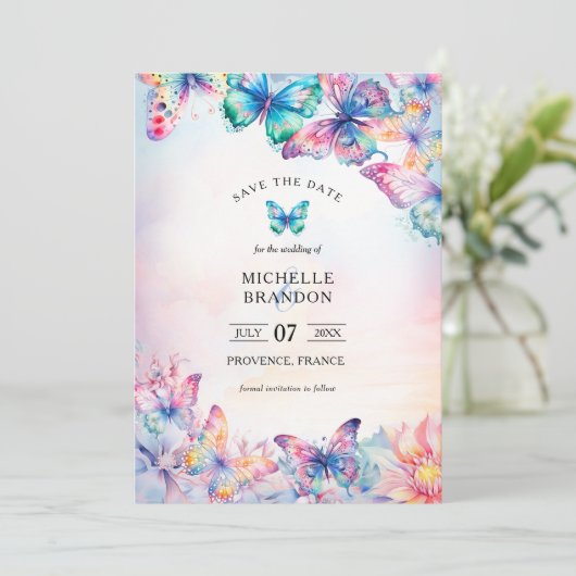 水エレガント色バタフライワイルドフラワーカラフル 招待状 (スタンド正面)