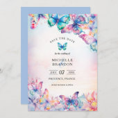 水エレガント色バタフライワイルドフラワーカラフル 招待状 (正面/裏面)