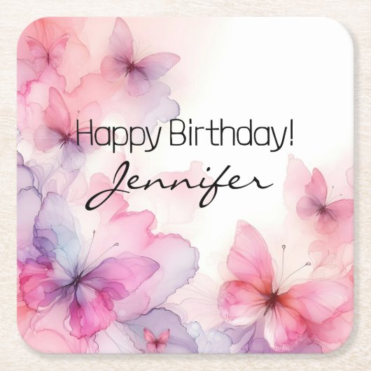 水エレガント色バタフライ紙コースター スクエアペーパーコースター (正面)