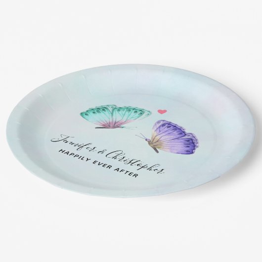 水エレガント色バタフライ結婚ペア ペーパープレート (アングル)