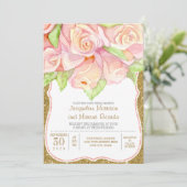 水エレガント色バラフローラブーケピンク金ゴールド 招待状 (スタンド正面)