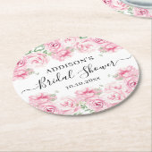 水エレガント色バラブライダルシャワー ラウンドペーパーコースター (アングル)