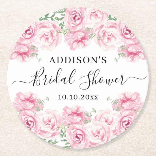水エレガント色バラブライダルシャワー ラウンドペーパーコースター (正面)