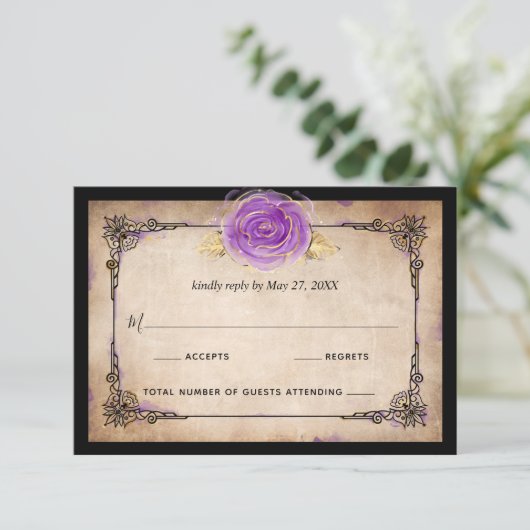 水エレガント色バラ素朴金ゴールドパープ結婚ルス 出欠カード (スタンド正面)