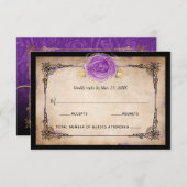 水エレガント色バラ素朴金ゴールドパープ結婚ルス 出欠カード (正面/裏面)