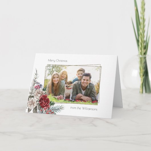 水エレガント色バラ、松と金ゴールドフレーム写真 シーズンカード (正面)