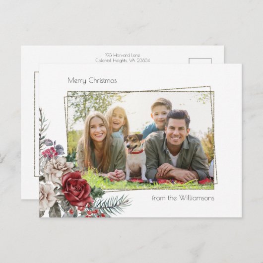 水エレガント色バラ、松と金ゴールドフレーム写真 ポストカード (正面/裏面)