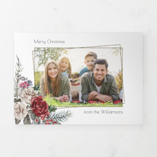 水エレガント色バラ、松と金ゴールドフレーム写真 三つ折りクリスマスカード (カバー)