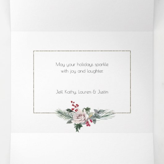 水エレガント色バラ、松と金ゴールドフレーム写真 三つ折りクリスマスカード (内部中)