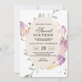 水エレガント色パンジー&パープル花フレーム 招待状 (正面)