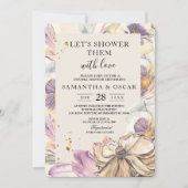 水エレガント色パンジー&パープル花 招待状 (正面)