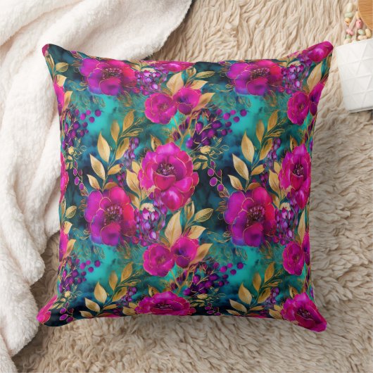 水エレガント色パープルとティール(緑がかった色)花パターン クッション (ブランケット)