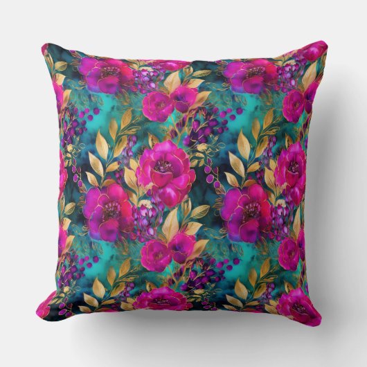 水エレガント色パープルとティール(緑がかった色)花パターン クッション (正面)