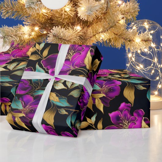 水エレガント色パープルとティール（緑がかった色）花パターン ラッピングペーパー (クリスマス)